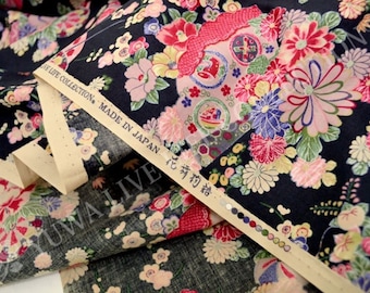 HALF YARD Yuwa -  Fan, Sakura, Chrysanthemum Flowers on Black - Cherry Blossom, Traditional Japanese Flowers, Geometric - Yukata 829317-A