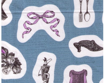 FAT QUARTER - Kokka - Ornaments on Blue - Cat, Antique, Shoe, Bow, Dress, Corset, Roses, Silverware - Japanese Import