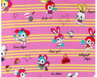 HALF YARD Honey Tune - Kawaii Sports on Yellow Stripes on PINK - Cheerleader, Volleyball, Soccer, Tennis, Basketball  - Lecien Japanese