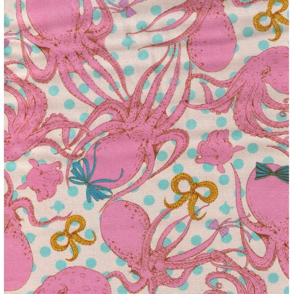 HALF YARD Lolita Octopus with Bows on Natural- Aqua Polka Dots - Jellyfish, Squid, Marine Life - Cosmo Textile From Japan