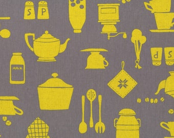 FAT QUARTER Lecien - Yellow Kitchen Utensils on Grey - Work Style Cotton Linen Collection - 85 Cotton 15 Linen Canvas Japan