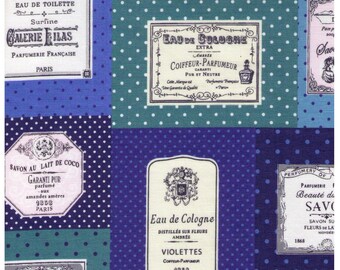 HALF YARD Yuwa - French Soap and Perfume Labels - Blue Colorway 816840-D - Live Life Collection Premium - Japanese Import Fabric