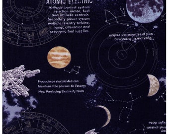 FAT QUARTER Kokka - Space Station on Navy - 94030-1A - Planets, Stars, Moons, Text, Atomic Electric, Satellite  - Japanese Import
