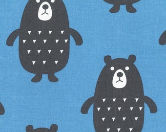 HALF YARD Kiyohara - Black Bear on Blue - Puti De Pome - PTMF 122BL - Cotton Linen Blend - Import