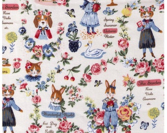 HALF YARD Yuwa - Sobakasu Kids Wonderful World Season on IVORY - Cat Dog, Rabbit - Cotton Oxford - Swan, English Rose Garden, Paris, Bunny