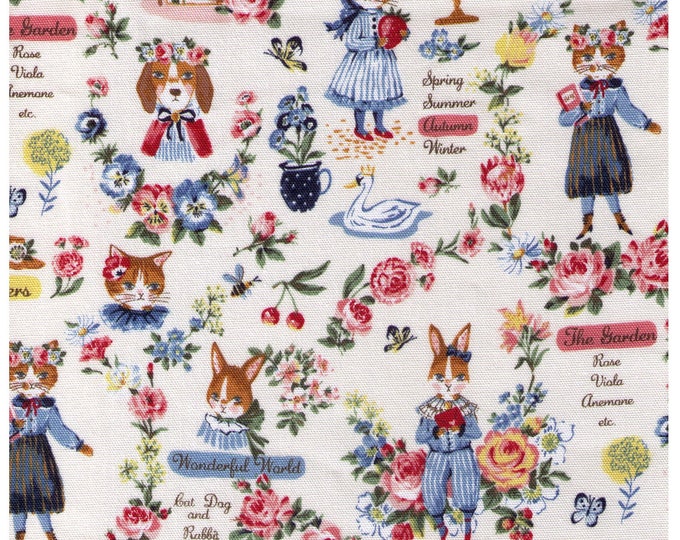Featured listing image: HALF YARD Yuwa - Sobakasu Kids Wonderful World Season on IVORY - Cat Dog, Rabbit - Cotton Oxford - Swan, English Rose Garden, Paris, Bunny