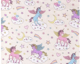 FAT QUARTER Cosmo Textile - Vanilla Pop Winged Unicorn Sky Mix on CREAM - AP45505-1A - Pegacorn, Mythical, Heart, Rainbow, Cloud - Japanese