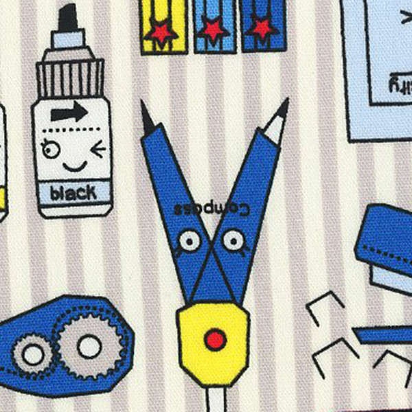 SALE (25) HALF Yard - Kawaii School on Grey White Stripe Background - Pop N Kids Collection - Compass Whiteout Glue Stapler Lecien Japanese