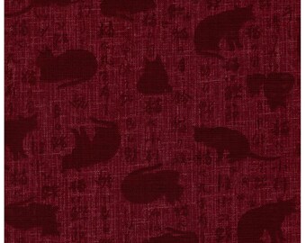 HALF YARD - Silhouette Cat and Kanji on Red - 850310-1-3 - Shadow Kittens on Maroon Color - Loose Weave Cotton - Traditional Geometric