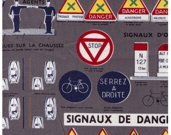 FAT QUARTER Yuwa - Road Sign Collection on Grey for Yuwa - Street Signs, Caution, Stop, Construction, Workers Road Work  - Japanese Import