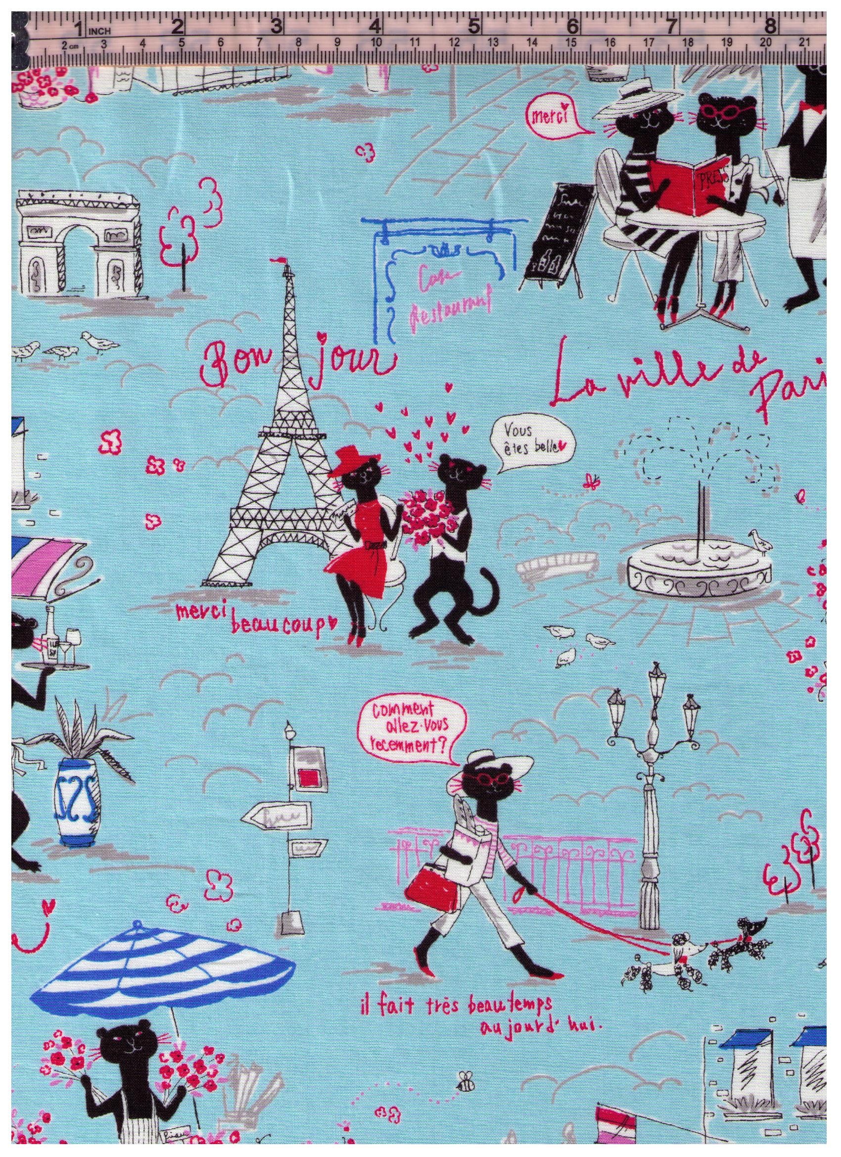 HALF YARD Parisian Cats on BLUE Miyako Kawaguchi 024C HALF YARD Parisian Cats on BLUE Miyako Kawaguchi 024C