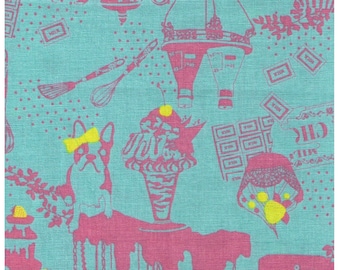 HALF YARD - Kayo Horaguchi - Terriers Dog and Bunnies in the Kitchen on Blue Cotton/Linen Blend - HKF-38BG - Kiyohara Imported Japanese