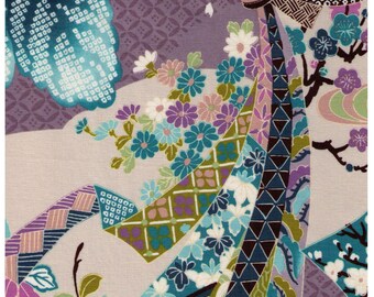 FAT QUARTER Yuwa - 829333-E GREY - Traditional Japanese Flowers, Geometric, Knot - Yukata