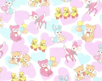 HALF YARD Kokka - Pastel Pop Animals and Hearts Pink.Cream Colorway 76020-1A - Panda Deer Bunny Kitty Cherries Rainbow - Japan