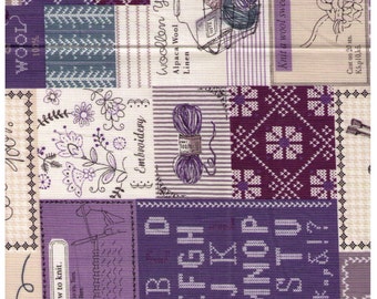 FAT QUARTER Yuwa Live Life Collection - Cross Stitch and Knitting - PURPLE Colorway E - Needle Thread Spool Button Scissors Yarn