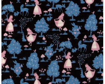 HALF YARD Precut - Alice in Wonderland on Black Double Gauze - White Rabbit, Drink Me, Queen of Hearts, Mushroom, Painted Roses - Japanese