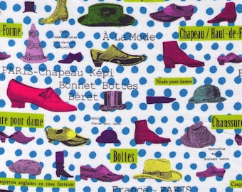 HALF YARD Yuwa Fabric - Fashion Shoes, Hats and Blue Polka Dots on White 816841-A - Japanese Import Fabric
