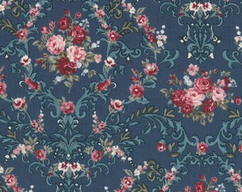 FAT QUARTER - Lecien - Kayo Enza - Rose Life Garden - Rose and Scrolls on Dark Teal 31520-70 - Floral, Flower, Bouquet