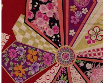 FAT QUARTER Yuwa - Fans  on RED 829571-B - Traditional Japanese Geometric - Yukata - Sakura, Cherry Blossom, Chrysanthemum Flowers