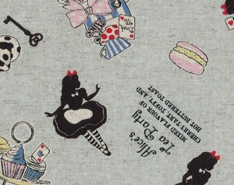 HALF YARD Lecien - Girls Story - Alice's Tea Party on BLUE 40824-70 - Cotton/Linen Blend - Alice, Rabbit, Cat - Japanese Import