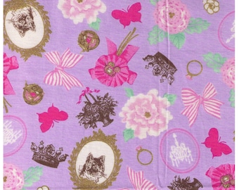 FAT QUARTER Cosmo Textile - Cats, Crowns and Roses on Purple - Gold Metallic - Bows, Lace, Royalty - Cotton Oxford - Japanese Import