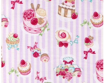 FAT QUARTER - Kawaii Sweets on White and Purple Stripes - Cakes, Rose, Strawberries, Dessert, Chocolate, Cosmo Textiles - Japanese Import
