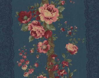FAT QUARTER - Lecien - Rose Life Garden by Kayo Enza - Rose Bouquets with Lace Stripes Dk Teal 31519-70 - Floral
