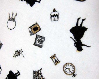 HALF YARD - Alice in Wonderland Silhouette on White - Gold, Rabbit, Cat, Skulls, Watch, Crown, Swan, Castle - Cosmo Textile Japanese
