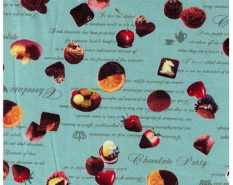 FAT QUARTER - Photo Realistic Chocolates with Text on Green - Fruit, Heart, Chocolate Strawberries, Truffle - Cosmo Textiles Japanese
