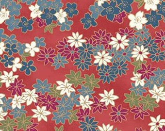 FAT QUARTER Quilt Gate - Hyakka Ryoran Chiyagami Collection - Sakura Flowers on Red with Gold Metallic - Asanoha, Seigaiha - HR3200-11F