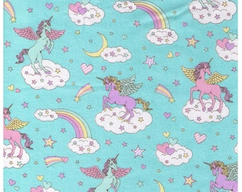 HALF YARD Cosmo Textile - Vanilla Pop - Winged Unicorn Sky Mix AQUA Teal- AP45505-1B - Pegacorn, Mythical, Heart, Rainbow, Cloud - Japanese