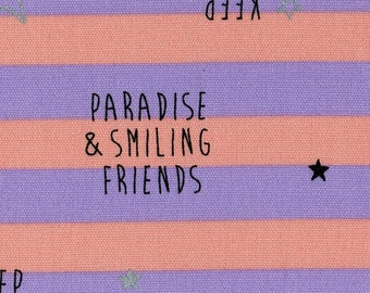 HALF YARD Lecien - Marks & Colors Collection 40868-20 - Paradise and Smiling Friends Stripes Metallic Silver - 40868-20 - Purple Orange Text