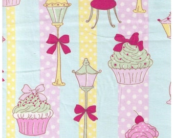HALF YARD  Yuwa - Cupcakes, Street Lamp and Eiffel Tower on BLUE - 812940 C Yellow and Purple Stripe - Polka Dot, Bow, Chocolate - Japanese