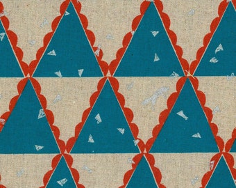 HALF YARD Kokka Echino by Etsuko Furuya - Tent in Teal - Accents in Orange Red and Silver Metallic - 97060-62A - 45 Cotton 55 Linen