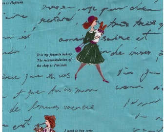 HALF YARD Yuwa - Girl in Green Dress and Text on TEAL - Suzuko Koseki 826468-C - Bakery, Hepburn, Sewing, Shopping Bicycle, Walking Dog