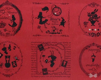 PRECUT PANEL Lecien - Girl's Story - Alice in Wonderland Panel on RED -  White Rabbit, Queen of Hearts Bows