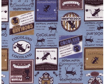 HALF YARD Coco Land Kuroneko Bakery and Prank Black Cat - BLUE Colorway - 10002-21D - Cocoland Kitties - Kitty Ads - Japanese Import Fabric