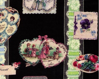 HALF YARD Yuwa - Victorian Lace and Ribbon on Black Lawn - Micci Collection 314676 G - Michiko Sonobe - Heart, Toile, Love, Arrows -Japanese