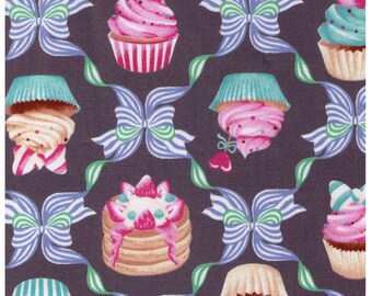 HALF YARD Kiyohara - Ribbons and Sweets - CMOF 38BK - Cotton Oxford - Pancake, Cupcake, Heart, Lolita, Strawberry Imported Japanese
