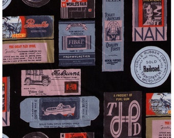 HALF YARD Yuwa - Travel Stamps on BLACK - Suzuko Koseki 826205-E - Japanese Import - Tickets and Luggage Tags,  Paris Bonjour France 1950s
