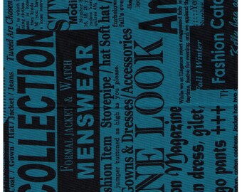 HALF YARD Yuwa - Fashion Text on Teal Blue - Suzuko Koseki SZ826547-D - Japanese Import - Print
