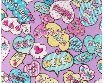 FAT QUARTER Cosmo Textile - Kawaii Word Bubble Collage on PURPLE - SP1801 2C - Cotton Oxford - Japanese Import
