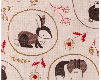 HALF YARD Cosmo - Forest Friends Cameos on Cream AP81304-2A - Cotton Canvas - Bear, Cat, Bird, Tree, Flower -Japanese Import