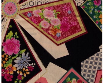 FAT QUARTER Yuwa - Fans  on BLACK 829571-A - Traditional Japanese Geometric - Yukata - Sakura, Cherry Blossom, Chrysanthemum Flowers