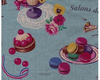 HALF YARD Yuwa - Sweets Rondeaux Linen Cotton Blend 442592-D - Paris Map of Sweets on BLUE - Macaron, Pastry, Eiffel Tower, Paris, Chocolate