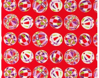 FAT QUARTER - Temari Balls on Red Orange - Quilting Cotton - Traditional Geometric Design - Embroidery on Balls - Japanese