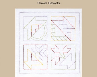 TULIP - Sashiko World Kit - AMERICA Flower Baskets #008 - 12" Pillow Dish towel - Hand Quilting & Stitching- Japanese