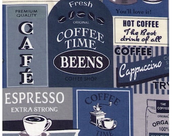 Half Yard Yuwa - Coffee Signs in Blue colorway - 826579-E - Suzuko Koseki - Japanese Import - Text, Coffee, Sugar, Labels