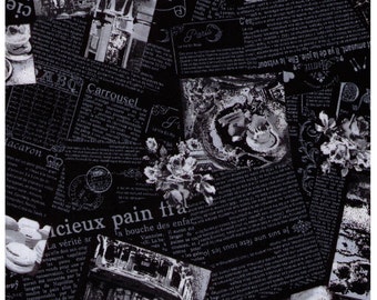 HALF YARD French Text and Sweets on BLACK 41409-1E - White Font, Macaron, Bread, Pain, Bistro, Cafe, Paris, France - Cosmo Textile Japan