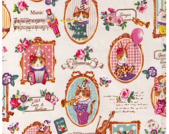 HALF YARD Yuwa - Classical Music Kitties - Cats and Rabbits on IVORY 155198-A - Cotton Oxford - Sobakasu-Kids - Grumpy Party Violin Trumpet